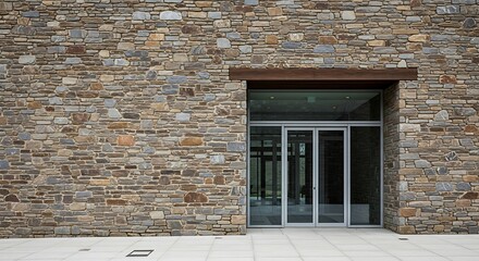Exterior view of a stone building with a modern glass entrance featuring sliding doors and a brown awning.