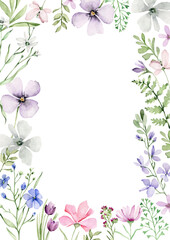 Watercolor wildflowers square frame. Floral border with empty space.Flowers and herbs.Field flowers.Flyer template