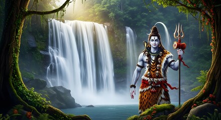 Majestic Shiva stands before a cascading waterfall, his trident held high, a serene yet powerful presence amidst lush jungle foliage.