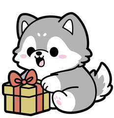 cute baby husky opening christmas present - layered cut file - xmas clip art