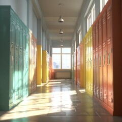 Colorful school hallway with bright lockers and sunlight reflection on shiny floor, educational atmosphere, color palette of orange, yellow, pink, turquoise, and warm golden light