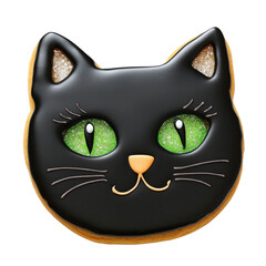Black cat face cookie with green eyes and orange nose decorated with icing and sugar crystals, cute and festive treat for celebrations or Halloween party