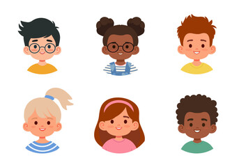 Set of diverse children avatars in flat style isolated on white background. Six smiling kids of different ethnicities and hairstyles. Perfect for educational materials, school related designs, profile