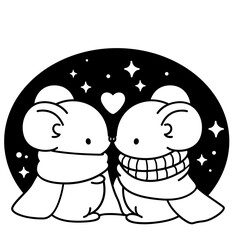Two sweet mice kissing under twinkling stars. Romantic kawaii winter illustration, perfect for love-themed Christmas designs.