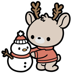 Friendly reindeer and tiny snowman together in a heartwarming kawaii winter scene. Perfect for greeting cards and stickers.