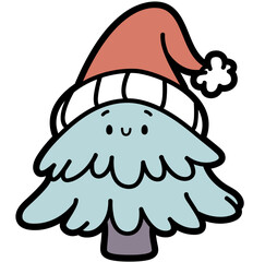 Smiling Christmas tree wearing a Santa hat. Simple kawaii line drawing ideal for stickers, coloring books, and holiday printables.