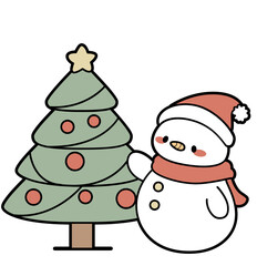 Adorable hand-drawn snowman beside a Christmas tree. Minimalist kawaii line art, perfect for coloring pages, greeting cards, and holiday crafts.