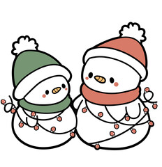 Two cheerful snowmen in cozy scarves and hats, wrapping Christmas lights together. A warm and playful winter illustration perfect for cards and stickers.