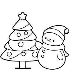 Adorable hand-drawn snowman beside a Christmas tree. Minimalist kawaii line art, perfect for coloring pages, greeting cards, and holiday crafts.