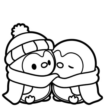 Two penguins hugging each other in a cozy winter moment. Cute outline illustration perfect for cards and coloring pages.