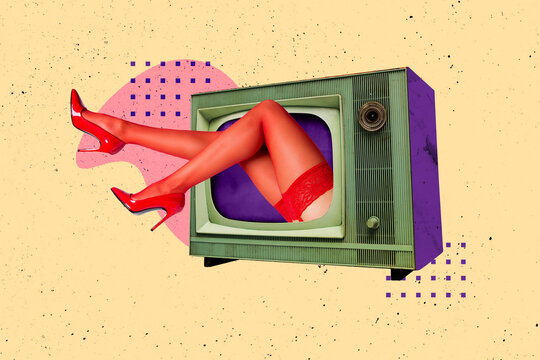 Trend artwork sketch design collage of retro technology television brainwashing government woman body legs sexy posing stiletto underwear