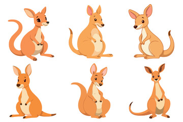 Cute Cartoon Kangaroos Vector Illustration Set. Adorable Australian Wildlife Animal Character Graphics Collection for Kids, Education, Zoo, and Mascot Design.