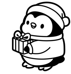 Cute Kawaii Penguin with Christmas Gift Outline - Holiday SVG Clipart