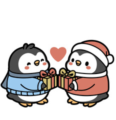 Cute Kawaii Penguins Exchanging Christmas Gifts - Holiday SVG Clipart