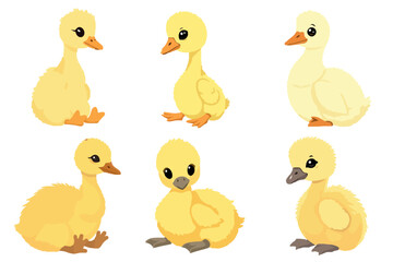 Cute Yellow goslings Set Vector Illustration Collection Baby Ducks Farm Animals Spring Birds Isolated Cartoon Style Animal Theme