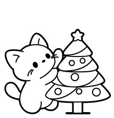 Cat Decorating Christmas Tree Line Art