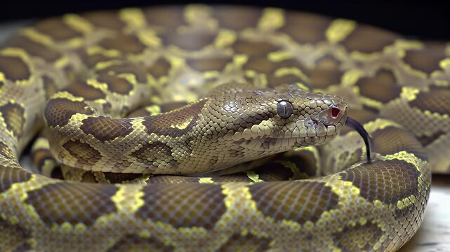 Majestic Coiled Snake with Striking Patterns and Flicking Tongue, Detailed Close-up of a Reptile