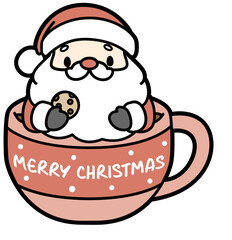 Kawaii Santa in hot cocoa mug – cute Christmas illustration for stickers, mugs, and sublimation svg