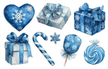 Blue and White Christmas Set with Gifts, Candy Canes, Heart, Lollipops, and Snowflakes Illustration