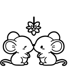 Kawaii Christmas Mice Under Mistletoe — Cute Holiday Coloring Page Line Art