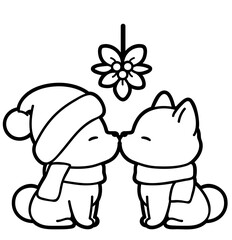 Cute Dogs Under Mistletoe Christmas Coloring Page — Kawaii Holiday Line Art