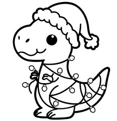 Kawaii Dinosaur Wrapped in Christmas Lights – Coloring Page Outline
