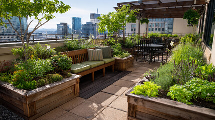Obraz premium Urban rooftop garden with seating and greenery overlooking the skyline
