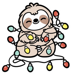 cute sloth tangled in christmas lights