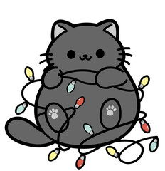 cute christmas cat tangled in lights