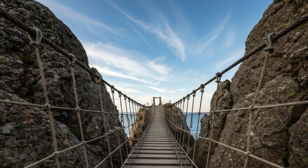 A suspension bridge stretches between two rocky cliffs, leading towards the horizon under a bright, partly cloudy sky.