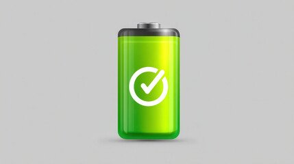 Full green battery icon with check mark symbol on gray background, energy concept