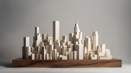 Minimalist Paper Cityscape Model on Wooden Base