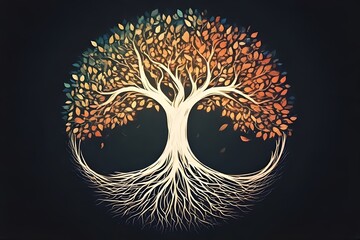 Abstract Tree of Life with Roots and Colorful Leaves