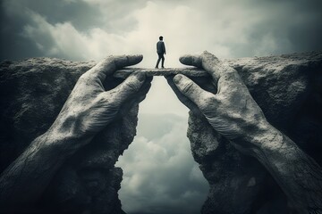 A lone man walks a narrow path between two giant hands.