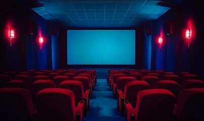 Empty Vintage Movie Theater with Red Velvet Seats and Large Blank Screen – Classic Cinema Interior Awaiting Film Projection or Entertainment Show