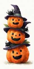 Halloween Pumpkins Stack with Witch Hats and Spiders Illustration in Orange and Black Colors