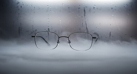 Spectacles obscured by condensation on a misty windowpane.