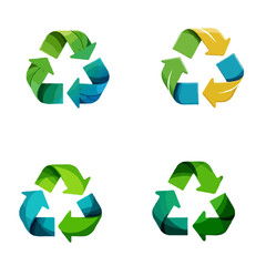 Obraz premium Collection of colorful three-dimensional recycling symbols representing sustainability on white background.