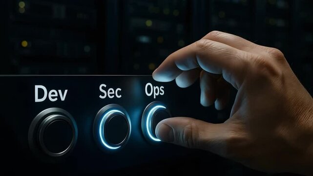 A hand adjusts illuminated rotary knobs labeled dev, sec and ops on a dark console. Concept of devsecops integration for secure deployment.