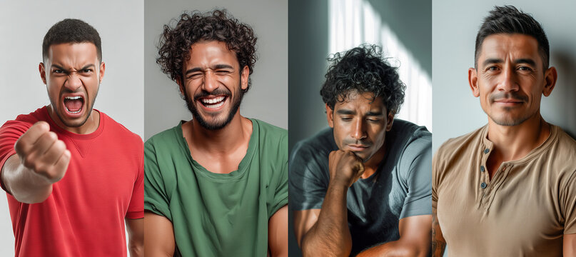 A portrait series illustrating the four temperaments through Latina male expressions: anger, joy, contemplation, and calm, showing emotional diversity.