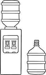 hand-drawn line art illustrations featuring water coolers with large water bottles. These clear and simple outlines are ideal for designs related to hydration, office environments, healthy living.