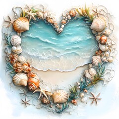 Obraz premium Watercolor Heart-Shaped Ocean Frames with Seashells, Coral, Waves and Tropical Beach Elements