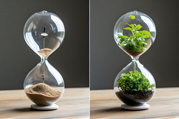Sand Timer and Plants in Glass Hourglass