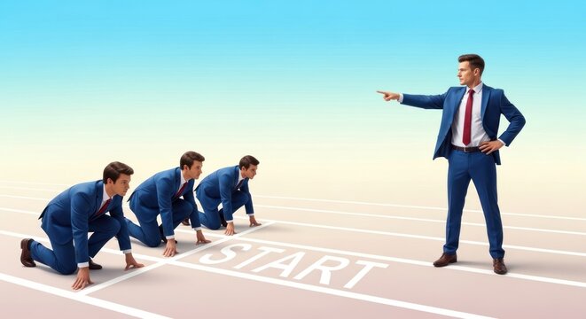 Business leadership concept shows a manager pointing the way as his team is at the starting line ready to begin, all wearing blue suits and red ties on a track.
