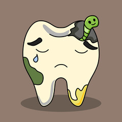Cartoon Decayed Tooth with Worm – Sad Dental Character for Oral Health Awareness