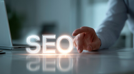 Futuristic augmented reality SEO dashboard interface with charts and analytics floating in the air. High-tech business scene, minimalistic workspace, digital marketing concept.