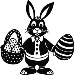Black and white bunny holding decorated eggs and basket easter bunny easter eggs