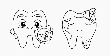 Line Art Illustration of Healthy and Decayed Teeth – Dental Hygiene Educational