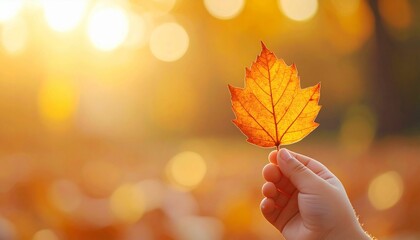 紅葉　色づいた葉を持つ子供の手