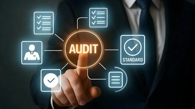 A suited executive presses a glowing audit hub surrounded by checklist and standard icons. Concept of compliance verification and corporate governance.